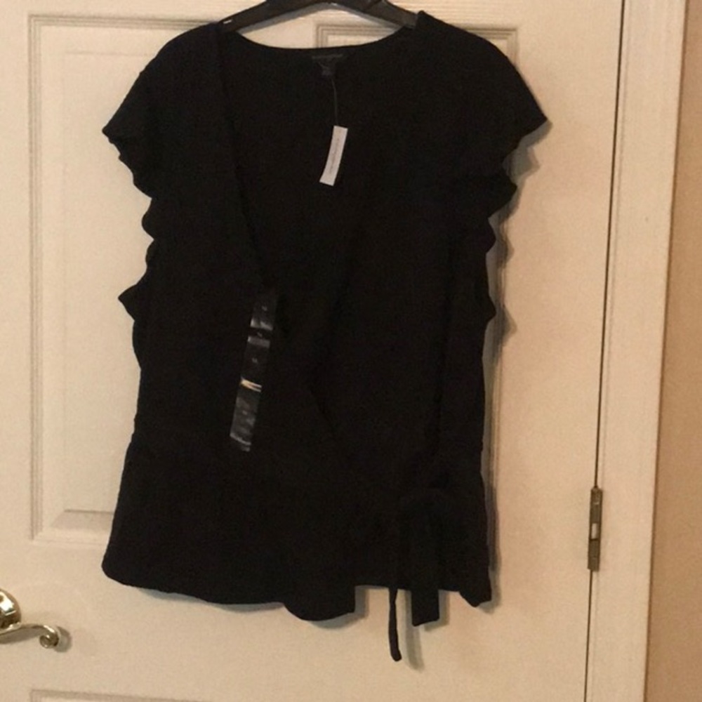 Black flutter sleeve wrap blouse
